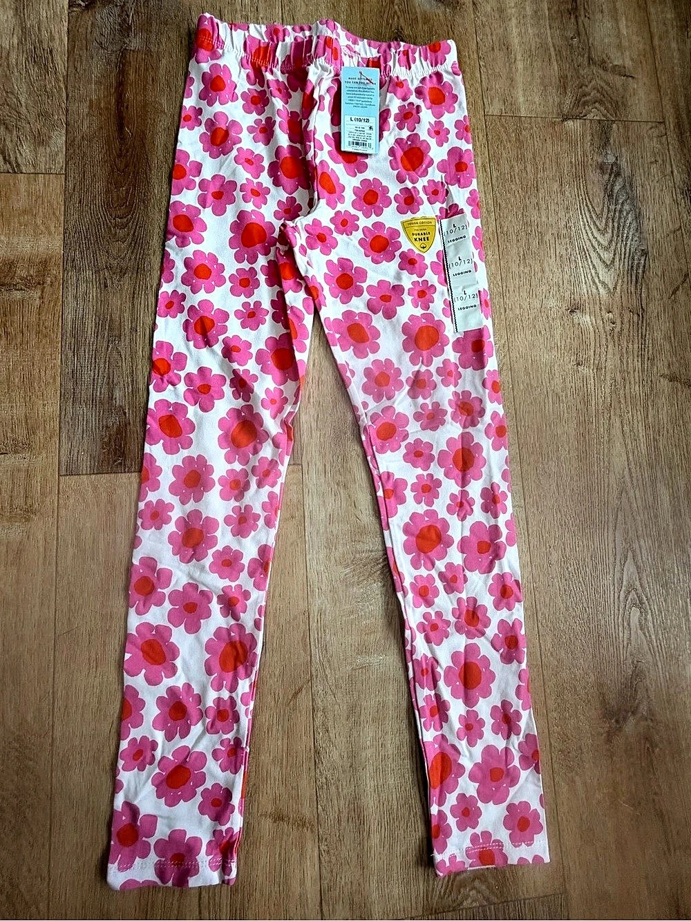 Cat & Jack Girls Pink Floral Tough Cotton Leggings Pink & White Large